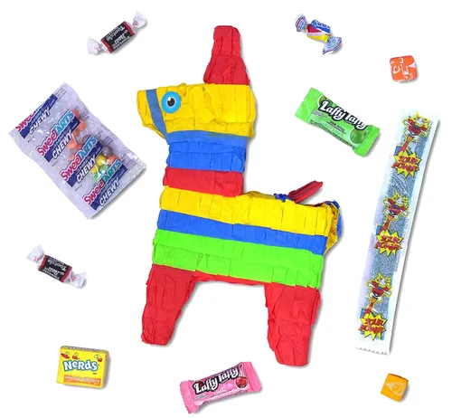 Vista 7 de Bonita piñata de burro de 12 pulgadas prerellena con cantidades variadas de caramelos populares y etiqueta de mensaje adjunta para amigos, familia