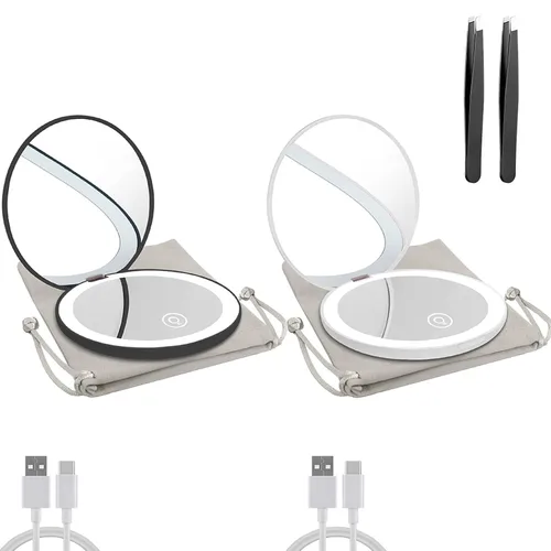 Vista 17 de Espejo compacto con luz LED, espejo recargable con aumento 1x/10x, 3.5 pulgadas, espejo de viaje regulable para bolso, bolsillo, espejo de Negro