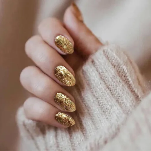 Vista 14 de Uñas postizas a presión cromadas de bronce y almendra mediana, uñas postizas de aguja con diseño brillante, uñas postizas acrílicas de metal
