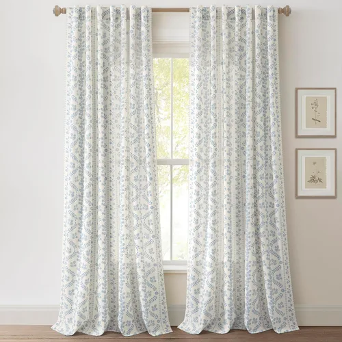 Vista 2 de Lush Decor Doreen Delicadas cortinas florales para ventana, par de paneles de 52" de ancho x 84" de largo, azul - cortinas florales para sala
