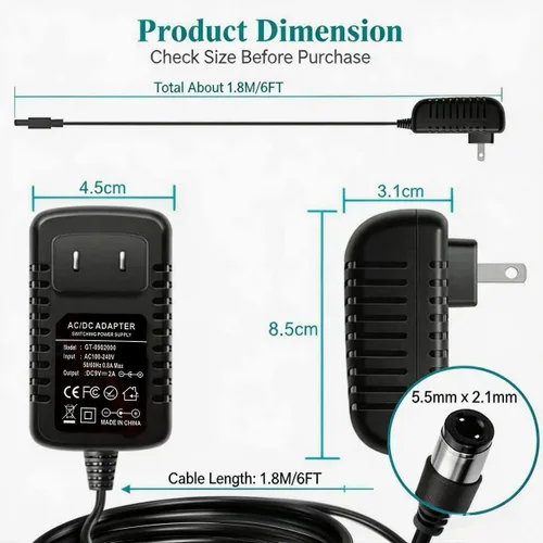 Vista 2 de Adaptador de fuente de alimentación de 9V 2A, adaptador universal de CA CC de 100-240V a CC 9V 2A/1A cable de alimentación con cable de 6 pies