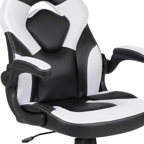 Vista 8 de Flash Furniture Juego de escritorio para juegos negro y silla de carreras blanco/negro con soporte para tazas, gancho para auriculares y soporte