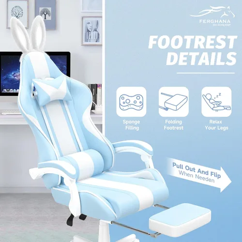 Vista 6 de Ferghana Kawaii - Silla de juegos azul claro con orejas de conejo, ergonómica y bonita silla para jugadores con reposapiés y masaje, silla