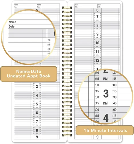 Vista 3 de Libro de citas de salón sin fecha, planificador diario de intervalos de 15 minutos, 4.5 x 11.5 pulgadas, horario diario y por hora, 2 columnas y 200