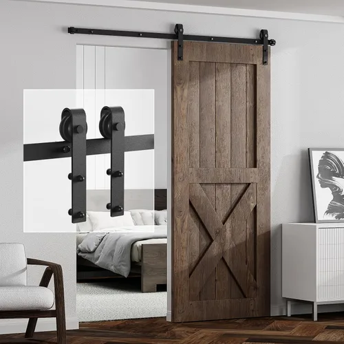 Vista 7 de Kit de herrajes para puerta corrediza de granero de 4 pies para puerta doble, riel de puerta corredera, fácil de instalar, suave y silencioso, se