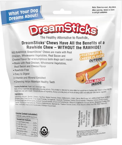 Vista 2 de DreamBone DreamSticks con sabor real a tocino y queso, palitos masticables para perros sin cuero crudo (paquete de 30)