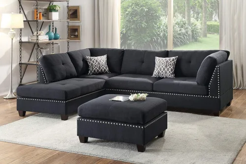 Vista 10 de Poundex bobkona viola Set de sofás con otomano en negro linen-like polyfabric mano izquierda o derecha chaise
