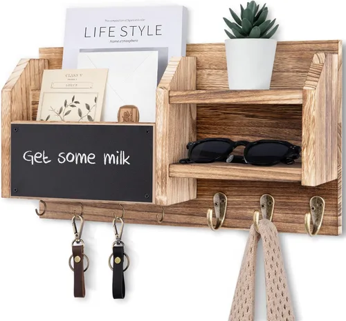 Vista 12 de Lwenki Soporte para llaves y correos – Colgador de pared para llaves con estante y 7 ganchos de metal – Organizador decorativo de entrada de madera