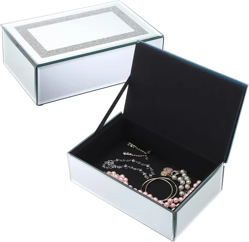 Vista 8 de ELLDOO Joyero, almacenamiento de cristal con espejo con superficie de diamantes triturados, organizador decorativo de lujo para aretes, anillos