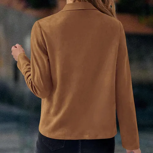 Vista 7 de Chaqueta de piel sintética para mujer, chaqueta de motociclista de gamuza sintética para otoño, con cremallera, de poliuretano, ajuste delgado
