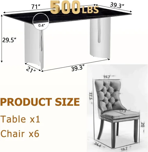 Vista 3 de Juego de mesa de comedor moderno para mesa de comedor de cristal de 6, 7 piezas, mesa de mármol sintético de 71 pulgadas con base de acero