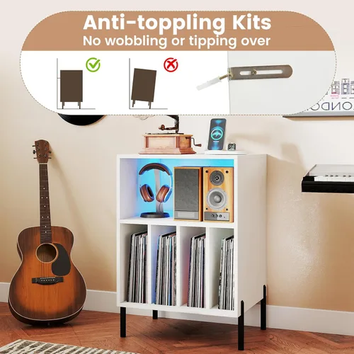 Vista 8 de Giantex Soporte para Tocadiscos con Luces LED y Estación de Carga, Soporte para Tocadiscos con Portadiscos, Mesa para Tocadiscos con Patas de Metal