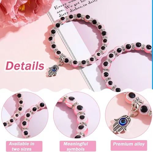 Vista 2 de 6 pulseras con cuentas contra el mal de ojo azul, pulsera elástica Hamsa con cuentas de ojo azul, pulsera elástica de la mano de Fátima, pulsera