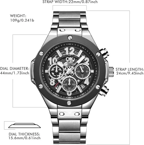 Vista 4 de SENSETONE Mens Watches Quartz Movement Chronograph Stainless Steel Black Strap Fashion Business Sport 30M Waterproof Big Dial Wristwatch Elegant