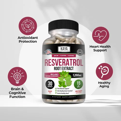 Vista 4 de Kaya Naturals - Cápsulas de resveratrol - Suplemento antienvejecimiento - Antioxidantes con apoyo cerebral - Beneficios máximos - 30 cápsulas