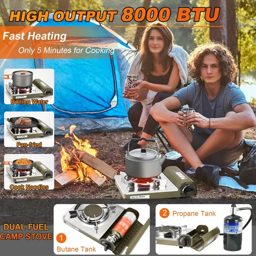 Vista 2 de Estufa de campamento de combustible doble, estufa de gas portátil de butano y propano infrarrojos de 8000 BTU, quemador individual resistente al