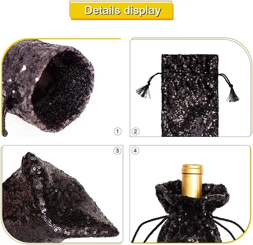 Vista 8 de Eternal Beauty 4 bolsas de vino con cordón, cubierta de botella de lentejuelas para bodas de cumpleaños (14 x 6 pulgadas, negro)