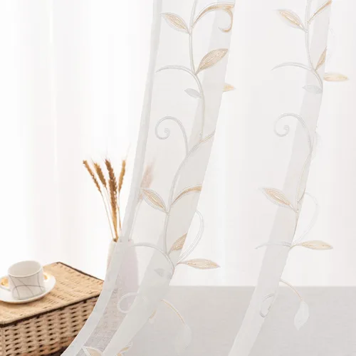 Vista 84 de VISIONTEX 2 paneles de cortinas traslúcidas de 63 in de largo, cortinas de gasa semitransparentes bordadas con hojas florales beige, bolsillo
