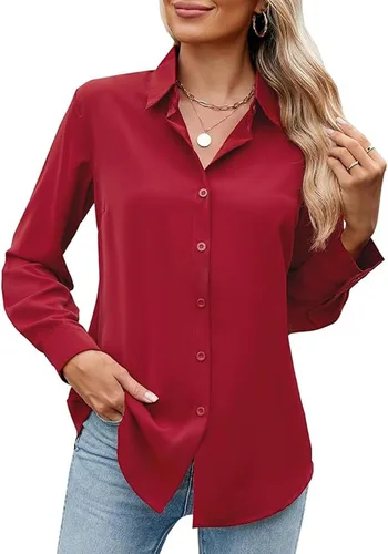 Vista 7 de Camisa de manga larga con botones para mujer, ultra suave, elástica, sin arrugas, para trabajo, casual, negocios, oficina