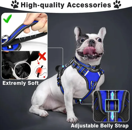 Vista 2 de Juego de arnés reflectante todo en uno para perro, collar y correa, sin tirones con hebillas ajustables, talla XL, azul oscuro