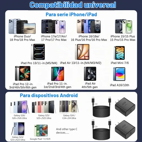 Vista 6 de Cargador para iPhone de carga rápida, paquete de 2 adaptadores de alimentación USB C de 45 W y cable USB C a C de 10 pies tipo C para iPhone Duo/18