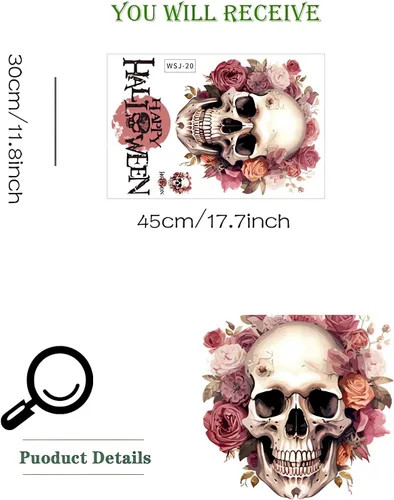Vista 5 de Calcomanías de pared de calavera de flores de Halloween, calcomanías de pared de arte de terror de Halloween, vinilo extraíble para Halloween