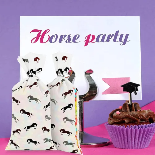 Vista 6 de Lecferrarc 100 bolsas de golosinas de caballo, bolsas de celofán con estampado de caballos, regalos de fiesta de vaquero con lazos giratorios