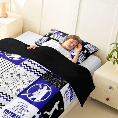 Vista 4 de Erosebridal Softball Comforter Set Patchwork Buffalo Plaid Twin Bedding Sets for Girls Kids Teens Child Galaxy Stars Ball Game Baseball Comforter