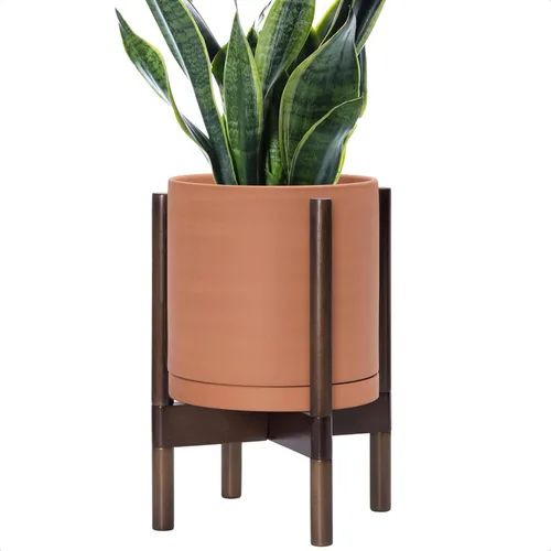 Vista 73 de D'vine Dev Maceta de cerámica con soporte de ébano – Maceta redonda moderna de 8 pulgadas con soporte para maceta de madera, color negro, 55-B-M-2