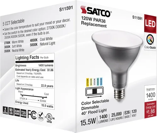 Vista 8 de Satco S11591; LED PAR38 de 15.5 vatios; base media; acabado plateado; CCT seleccionable; 120 voltios; ángulo de haz de 40 grados