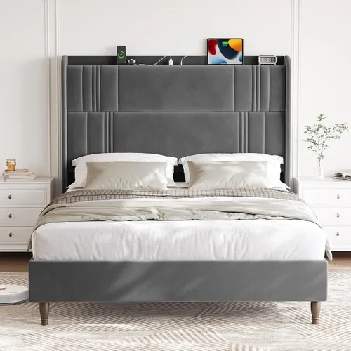 Vista 13 de Base de cama tamaño Queen con cabecera alta, plataforma tapizada de 52 pulgadas con estación de carga, marco de cama de terciopelo de lujo, cabecera