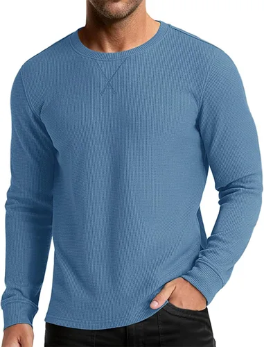 Vista 9 de Camiseta de punto gofre para hombre, camiseta casual de manga larga con cuello redondo, ropa de verano para hombre, camisa clásica básica sólida