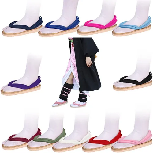 Vista 6 de Nezuko Cosplay Clogs Kochou Clog Rengoku Geta Tanjirou Zenitsu Clog Wooden Flip Flops with Socks