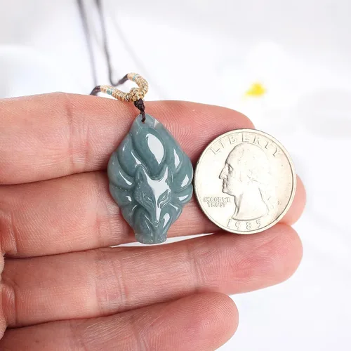 Vista 5 de Dije de reina de zorro de jade real para mujeres y hombres, dije de zorro de nueve colas de la suerte, joyería de jadeíta con certificación genuina