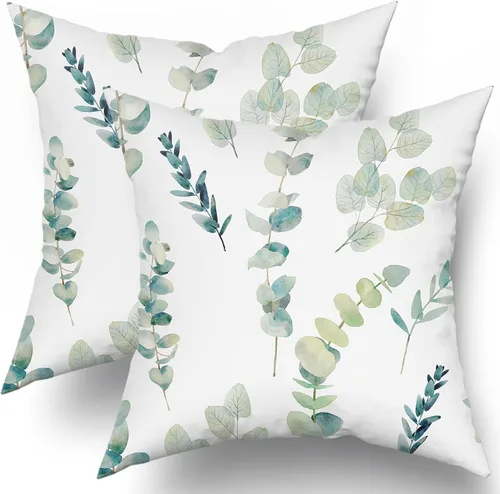 Vista 14 de Sweetshow Juego de 2 fundas de almohada decorativas de hojas azules marrones de 16 x 16 pulgadas, diseño de ramas de eucalipto, hojas florales