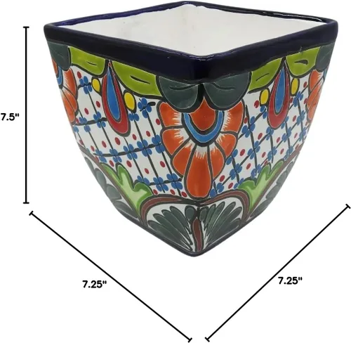 Vista 7 de Maceta cuadrada grande pintada a mano para interiores y exteriores, figura multicolor (Talavera)