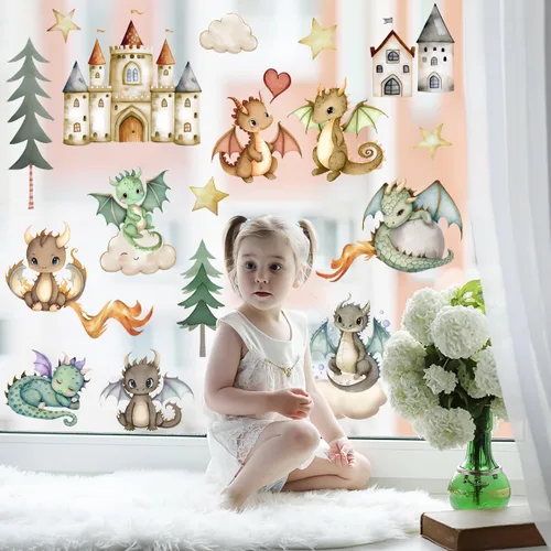 Vista 8 de Calcomanías de pared de dinosaurios de dibujos animados 3D, lindos castillos de dinosaurios para bebé, calcomanías de pared extraíbles de acuarela
