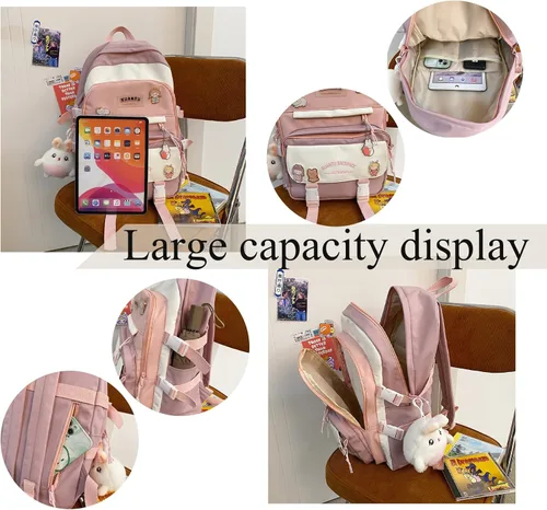 Vista 5 de YJMKOI Mochila Kawaii Girl con bonito colgante de muñeca de peluche, bonita mochila escolar primaria, mochila estética para niñas adolescentes