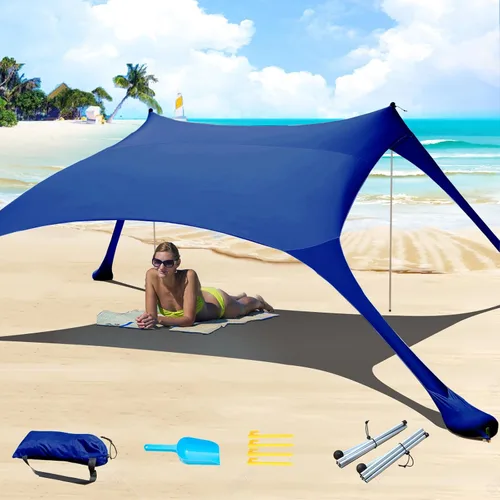 Vista 9 de Tienda de campaña de playa de 77 pies con protección UV UPF50+, toldo al aire libre con 2 postes para camping, pesca, patio trasero y pícnics