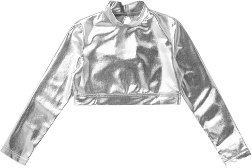 Vista 3 de TiaoBug Camiseta corta de manga larga con cuello alto falso para niñas y niñas, atlética, brillante, metálica, para danza, camiseta deportiva lisa