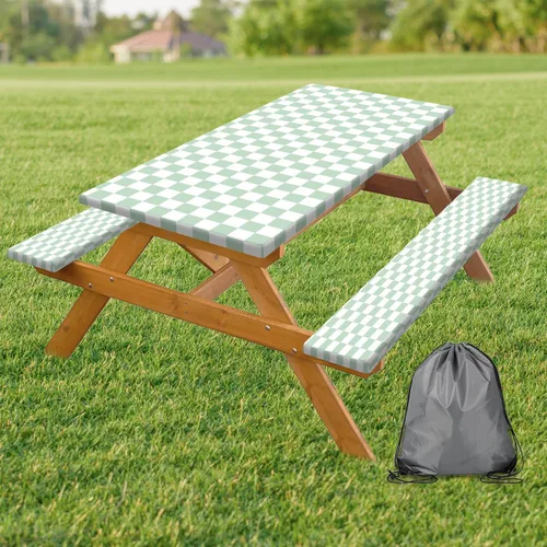 Vista 74 de Funda para Mesa de Picnic con Fundas para Bancos y Bolsa, Campista de Madera Impermeable Resistente al Viento, Cubierta de Mantel Ajustada con Borde