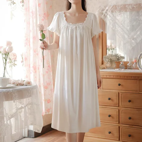 Vista 2 de Camisón victoriano de algodón para mujer, suave, largo, para dormir, manga corta, pijama de princesa, ropa de dormir