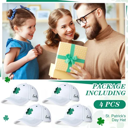 Vista 6 de Tigeen 4 unidades de sombrero de béisbol del día de San Patricio, gorra de béisbol de trébol, sombrero irlandés bordado de trébol, regalos