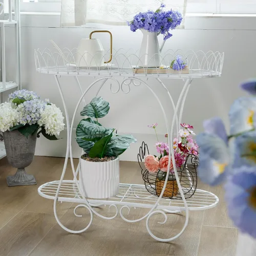 Vista 10 de Estante largo negro de doble capa, soporte de metal estilo patio francés para plantas altas en maceta, soporte resistente para macetas interiores