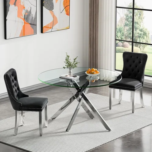 Vista 61 de Juego de mesa de comedor de cristal plateado moderno de 47 pulgadas para 2, juego de mesa de comedor de cocina redonda de 3 piezas con patas