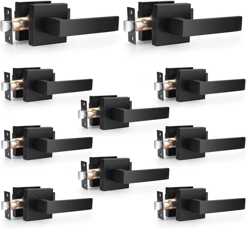 Vista 20 de Probrico Juego de manijas cuadradas para puerta de paso, color negro mate, para pasillo y armario, juego de manijas interiores resistentes sin