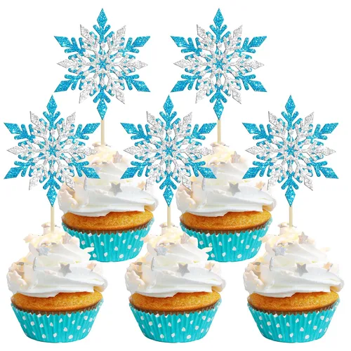 Vista 29 de Gyufise 24 adornos de copos de nieve Oh Baby para cupcakes con purpurina azul, decoración de pastel de baby shower congelado para baby shower