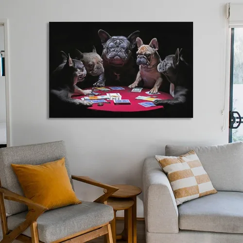 Vista 6 de House of French Bulldogs Dogs Playing Poker Póster Pintura Decorativa Lienzo Arte de Pared Pósters de Sala de Estar Dormitorio Pintura 16 x 24
