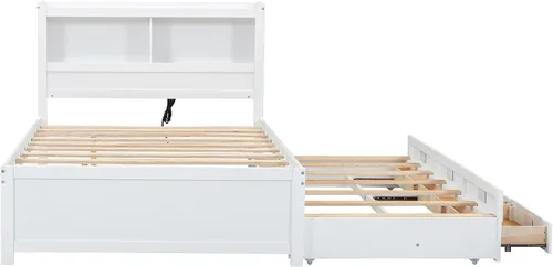Vista 9 de VilroCaz Cama de plataforma multifunción de tamaño matrimonial con nido y cajones, plataforma de madera con cabecera de almacenamiento y enchufes