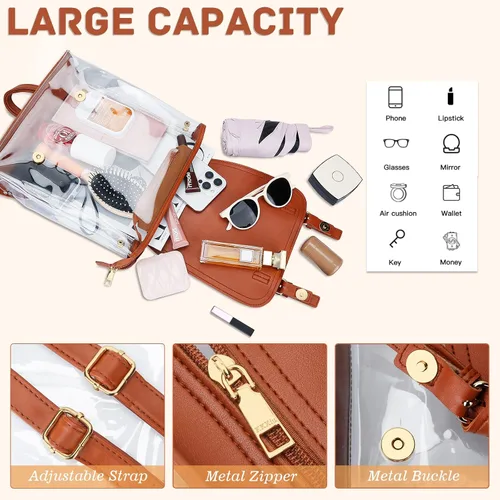 Vista 3 de KKXIU Mochila transparente de moda, aprobada para estadios, bolsa escolar transparente para mujeres y adolescentes, Marrón, Mochilas Daypack